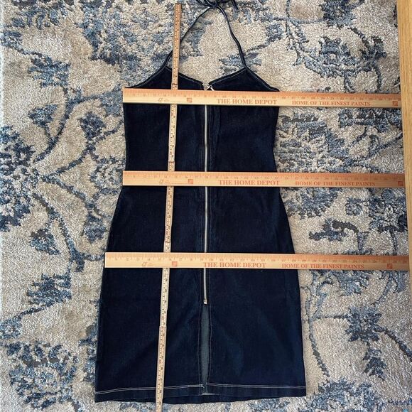 Vintage Y2K 2000s Girly Girl Denim Halter Dress Zip Front Bodycon Midi Size L - Picture 8 of 8
